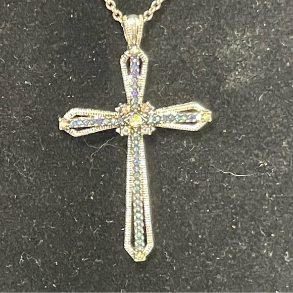 Silver Tone Cross Pendant Necklace with Blue and Clear Rhinestones - Picture 3 of 7